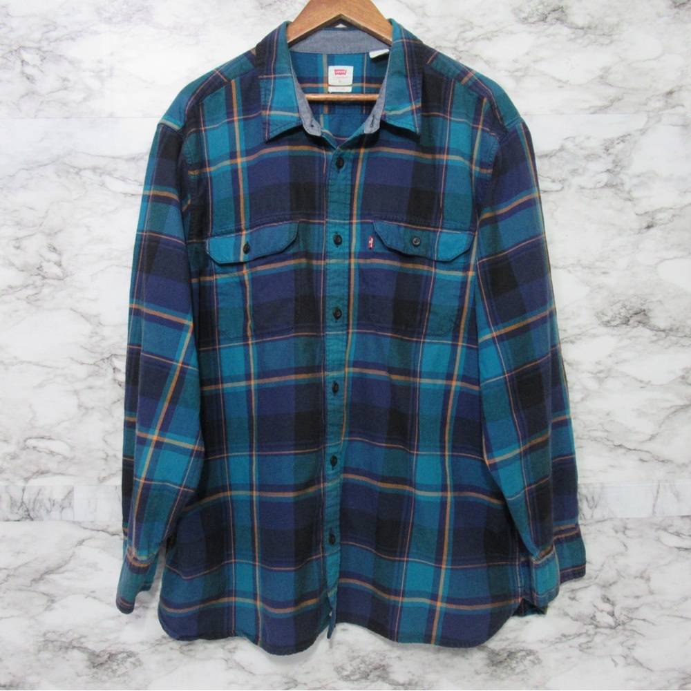 Levi's Men’s Teal Plaid Long Sleeve Button Down Shirt Relaxed Fit Size XL